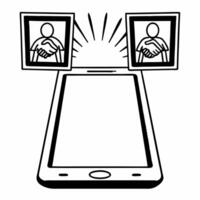 Flat Smartphone with Holographic Handshake and Community Figures concept as A smartphone stands upright on a glossy white surface with two holographic icons hovering above a handsh Square Square vector