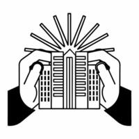 Flat Soft focus hands molding sustainable city concept as Extreme close up of hands molding a glowing miniature sustainable city Camera slowly pulls back to reveal business attire Square Square vector