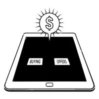 Flat Tablet with holographic dollar and sale badge concept as A modern tablet positioned on a white reflective surface with a holographic sale badge and a glowing dollar sign float Square Square vector