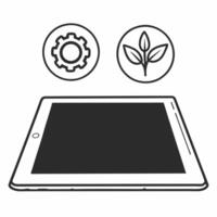 Flat Tablet with Holographic Gear and Plant concept as A tablet rests on a glossy white table with two holographic icons floating above a gear and a sprouting plant representing in Square Square vector