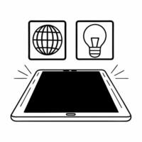 Flat Tablet with Holographic Earth and Lightbulb concept as A tablet rests on a glossy white table with two holographic icons floating above an Earth and a lightbulb representing g Square Square vector