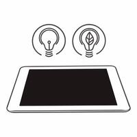 Flat Tablet with Holographic Lightbulb and Leaf concept as A modern tablet lies on a reflective white surface with two holographic icons floating above a glowing lightbulb and a gr Square Square vector