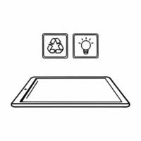 Flat Tablet with Holographic Recycling Symbol and Lightbulb concept as A tablet rests on a glossy white table with two holographic icons floating above a recycling symbol and a lig Square Square vector