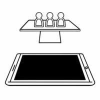Flat Tablet with Holographic Scale and Community Figures concept as A tablet rests on a glossy white table with two holographic icons floating above a balanced scale symbolizing co Square Square vector