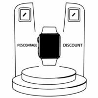 Flat Watch with holographic offer badges concept as A smartwatch is displayed on a glossy white stand with two holographic icons floating above a glowing discount tag and a percent Square Square vector