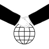 Floating Handshake Above Globe concept as Two hands shaking appear to float above a globe mid air against a pure white background The camera captures a close up from a low angle e Square Square vector