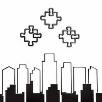 Floating puzzle pieces forming sustainable city concept as Tracking shot of abstract glowing puzzle pieces assembling in mid air to create a futuristic sustainable cityscape Camer Square Square vector