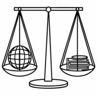 Floating scales balancing Earth and coins concept as Wide shot of a set of scales suspended in air with a miniature Earth on one side and a pile of coins on the other Camera circl Square Square vector