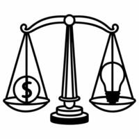 Flying golden scales balancing a dollar sign and a lightbulb isolated on white background concept as A illustration of golden scales in mid air balancing a dollar sign on on Square Square vector