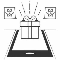 Gift box with holographic sale symbols concept as A gift box sits on a glossy white background with two holographic icons floating above a glowing sale tag and a percentage symbol Square Square vector
