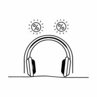 Headphones with holographic deal icons concept as Modern headphones rest on a glossy white surface with two holographic icons floating above a glowing percentage symbol and a sale Square Square vector
