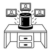 Holographic AI assistant with floating chat bubbles concept as Dolly shot moving towards a holographic AI assistant device on a white desk Holographic chat bubbles with various ic Square Square vector
