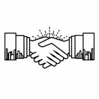 Holographic handshake over sustainable cityscape concept as Tracking shot of two holographic hands shaking symbolizing business negotiation The hands dissolve into particles formi Square Square vector