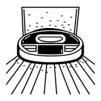 Holographic robot vacuum with floating cleaning path concept as Pan shot of a holographic robot vacuum on a white floor A holographic cleaning path and dirt particles float above Square Square vector
