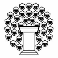 Integrity shield force field podium concept as Wide shot of a podium surrounded by overlapping shield icons creating a force field effect for election integrity Camera moves throu Square Square vector