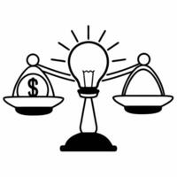 Isolated scale balancing money and ideas concept as A illustration of a scale balancing a bag of money on one side and a lightbulb on the other symbolizing compromise betwee Square Square vector