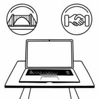 Laptop with Holographic Bridge and Handshake concept as A laptop is open on a glossy white desk with two holographic icons hovering above a bridge and a handshake symbolizing bridg Square Square vector
