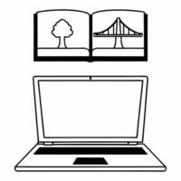 Laptop with Holographic Bridge and Tree concept as A sleek laptop sits open on a glossy white desk with two holographic icons hovering above a glowing bridge symbolizing compromise Square Square vector