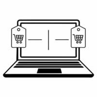 Laptop with holographic offer signs concept as A sleek modern laptop sits open on a white desk with two holographic icons hovering above a shopping cart and a discount tag symboliz Square Square vector