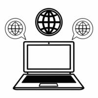 Laptop with Holographic Globe and Chat Icons concept as A sleek laptop sits open on a glossy white desk with two holographic icons hovering above a glowing globe and chat bubbles s Square Square vector