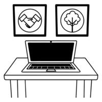 Laptop with Holographic Handshake and Tree concept as A laptop is open on a glossy white desk with two holographic icons hovering above a handshake symbolizing compromise and a tre Square Square vector