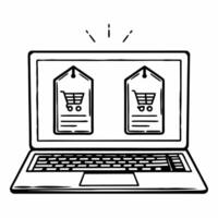 Laptop with holographic offer symbols concept as A sleek laptop on a glossy white desk displays two hovering holographic icons a glowing shopping cart and a discount tag symbolizin Square Square vector