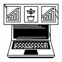 Laptop with Holographic Plant and Chart concept as A laptop is open on a glossy white desk with two holographic icons hovering above a sprouting plant and an ascending chart symbol Square Square vector