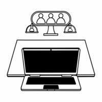 Laptop with Holographic Scale and Community Figures concept as A laptop is open on a glossy white desk with two holographic icons hovering above a balanced scale symbolizing compro Square Square vector