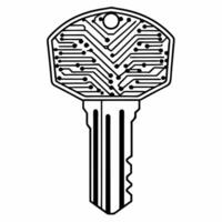 Macro image of a key with digital circuit patterns unlocking a data pad concept as Close up of a metallic key with digital circuit engravings inserted into a futuristic data pad sy Square Square vector