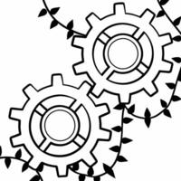 Macro of Gears Interlocking with Vines concept as A close up image of mechanical gears intertwined with green vines The camera zooms in on the intricate details symbolizing the in Square Square vector