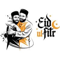 Two men hugging in front of the words eid ul fitr vector