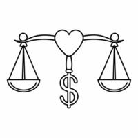 Scales balancing heart and dollar sign floating isolated on white background concept as A illustration of scales balancing a heart on one side and a dollar sign on the other Square Square vector