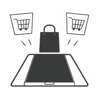 Shopping bag with holographic purchase signs concept as A shopping bag sits in the center of a glossy white floor with two floating holographic signs above a shopping cart and a bu Square Square vector