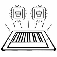 Shopping app on tablet with holograms concept as A tablet displaying a shopping app sits on a glossy white table with two holographic icons floating above a glowing buy button and Square Square vector