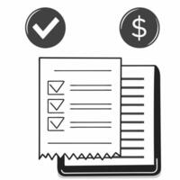 Shopping receipt with holographic icons concept as A shopping receipt lies on a glossy white table with two holographic icons hovering a glowing checkmark and a dollar sign symboli Square Square vector
