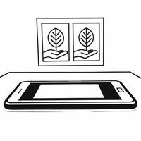 Smartphone with Holographic Hands Shaking and Tree concept as A smartphone on a glossy white table displays two holographic icons above shaking hands and a growing tree symbolizing Square Square vector