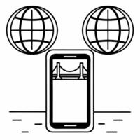 Smartphone with Holographic Bridge and Globe concept as A smartphone stands upright on a glossy white surface with two holographic icons hovering above a bridge and a globe symboli Square Square vector