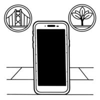 Smartphone with Holographic Bridge and Plant concept as A smartphone stands upright on a glossy white surface with two holographic icons hovering above a bridge symbolizing comprom Square Square vector