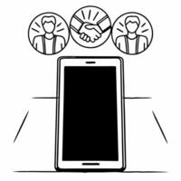 Smartphone with Holographic Handshake and Community Figures concept as A smartphone stands upright on a glossy white surface with two holographic icons hovering above a handshake s Square Square vector