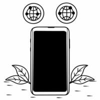 Smartphone with Holographic Network and Leaf concept as A smartphone stands upright on a glossy white surface with two holographic icons hovering above a network symbol and a green Square Square vector