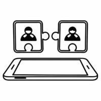 Smartphone with Holographic Puzzle and Community Icons concept as A smartphone on a glossy white table displays two holographic icons above interlocking puzzle pieces symbolizing c Square Square vector