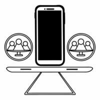 Smartphone with Holographic Scale and Community concept as A smartphone stands upright on a glossy white surface with two holographic icons hovering above a balanced scale symboliz Square Square vector
