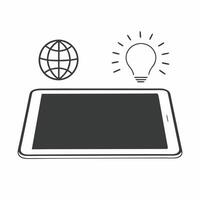 Tablet with Holographic Earth and Lightbulb concept as A tablet rests on a glossy white table with two holographic icons floating above an Earth and a lightbulb representing global Square Square vector