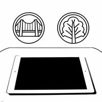 Tablet with Holographic Bridge and Tree concept as A tablet rests on a glossy white table with two holographic icons floating above a bridge symbolizing compromise and a tree repre Square Square vector