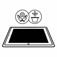 Tablet with Holographic Handshake and Plant concept as A modern tablet lies on a reflective white surface with two holographic icons floating above a glowing handshake symbolizing Square Square vector