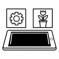 Tablet with Holographic Gear and Plant concept as A tablet rests on a glossy white table with two holographic icons floating above a gear and a sprouting plant representing innovat Square Square vector