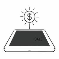 Tablet with holographic dollar and sale badge concept as A modern tablet positioned on a white reflective surface with a holographic sale badge and a glowing dollar sign floating a Square Square vector