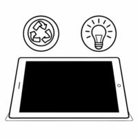 Tablet with Holographic Recycling Symbol and Lightbulb concept as A tablet rests on a glossy white table with two holographic icons floating above a recycling symbol and a lightbul Square Square vector