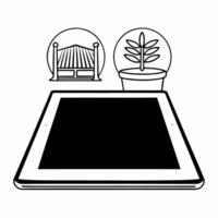 Tablet with Holographic Bridge and Plant concept as A tablet rests on a glossy white table with two holographic icons floating above a bridge symbolizing compromise and a growing p Square Square vector