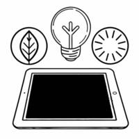 Tablet with Holographic Lightbulb and Leaf concept as A modern tablet lies on a reflective white surface with two holographic icons floating above a glowing lightbulb and a green l Square Square vector